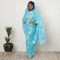Baby blue premium pure silk chiffon thobe with same tone and neon green metallic lurex in floral design-D11668