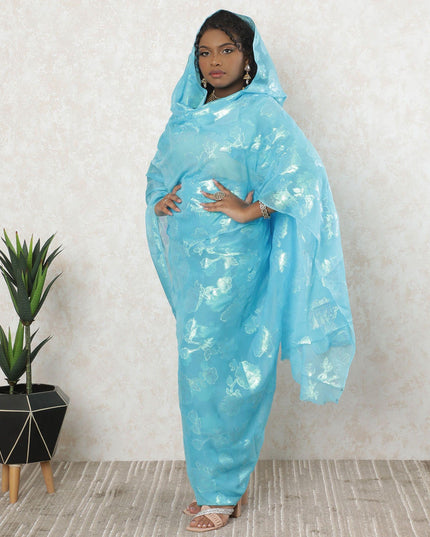 Baby blue premium pure silk chiffon thobe with same tone and neon green metallic lurex in floral design-D11668