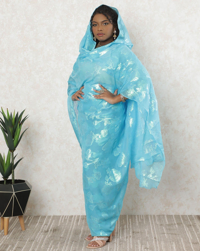 Baby blue premium pure silk chiffon thobe with same tone and neon green metallic lurex in floral design-D11668