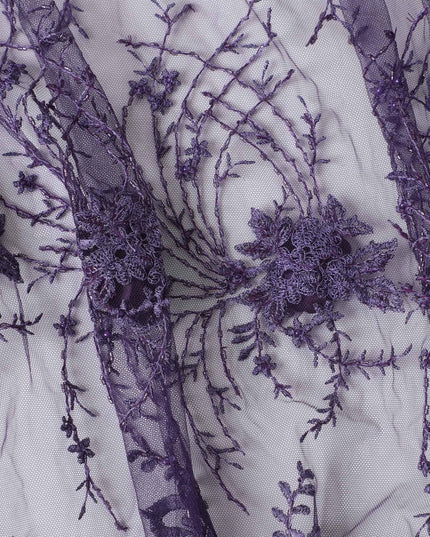 Dark purple nylon tulle fabric with same tone embroidery and beads in fancy design