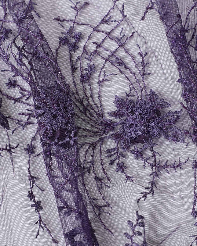 Dark purple nylon tulle fabric with same tone embroidery and beads in fancy design Regal Fabrics