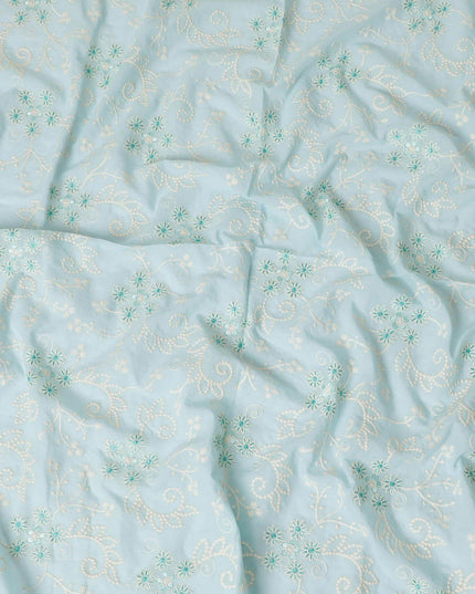 Baby blue premium pure cotton voile fabric with beige and turquoise fabric embroidery in floral design-D13599