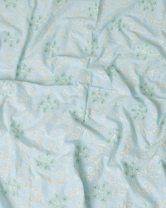 Baby blue premium pure cotton voile fabric with beige and turquoise fabric embroidery in floral design-D13599