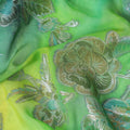 Green Premium pure silk chiffon with gold, silver and blue metallic lurex in floral design-D11400