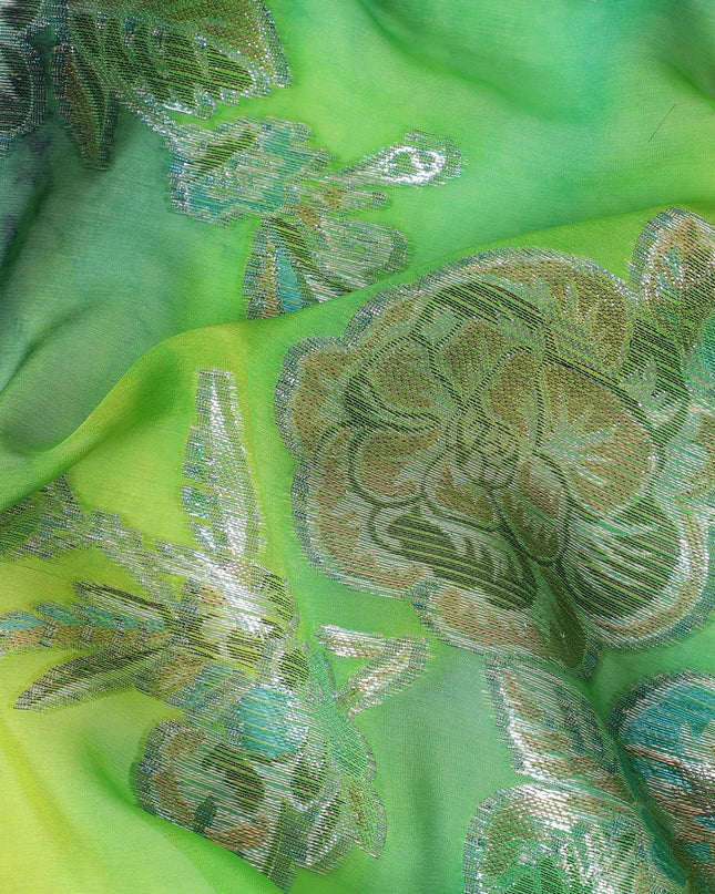 Green Premium pure silk chiffon with gold, silver and blue metallic lurex in floral design-D11400