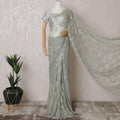 Mint green, silver, copper Premium pure French metallic chantilly lace saree in floral design-D15542