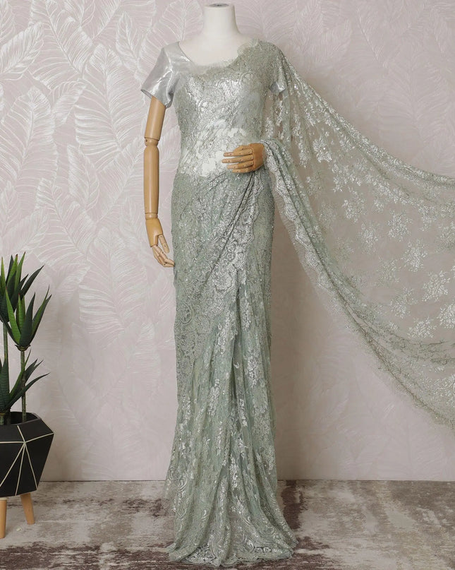 Mint green, silver, copper Premium pure French metallic chantilly lace saree in floral design-D15542 Regal Fabrics
