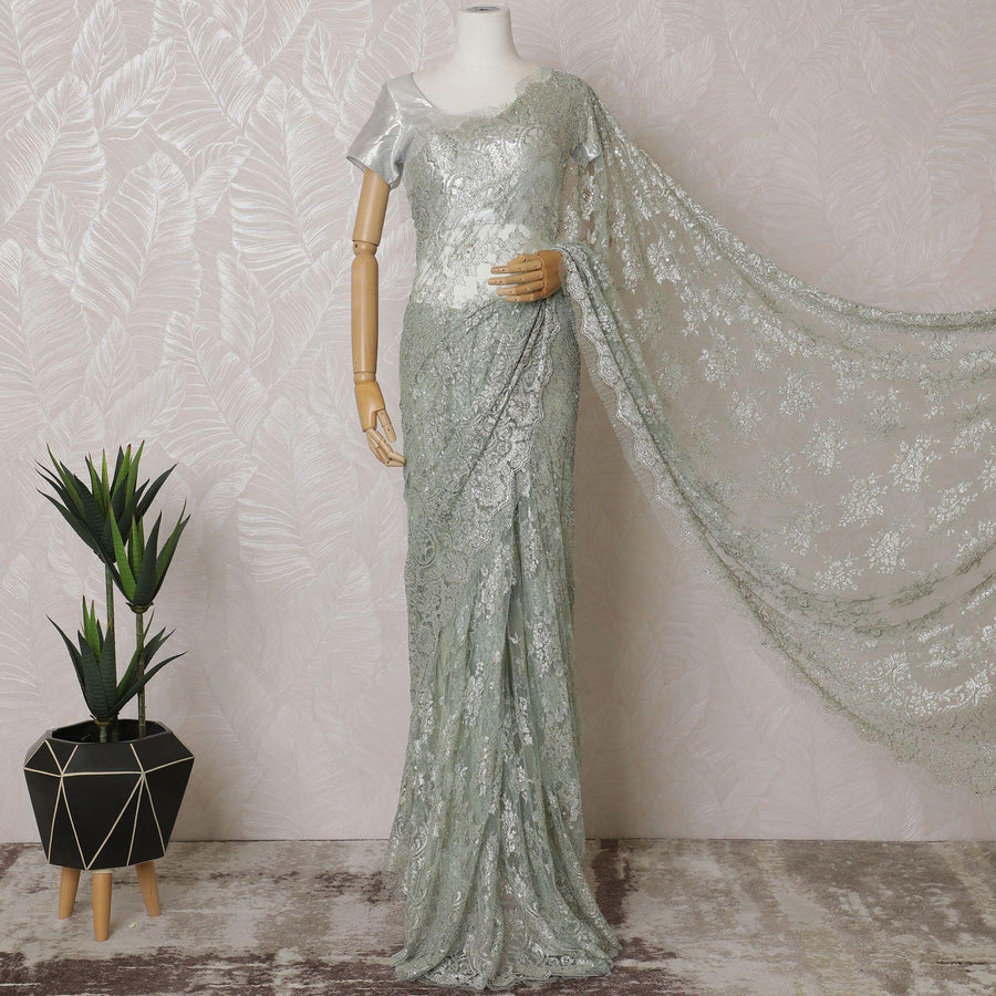 Mint green, silver, copper Premium pure French metallic chantilly lace saree in floral design-D15542