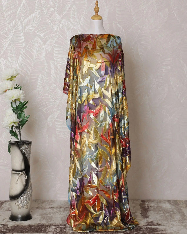 Multicolor Premium pure silk blended velvet makmal dirac fabric with gold metallic lurex in Leaf design-D14872 Regal Fabrics