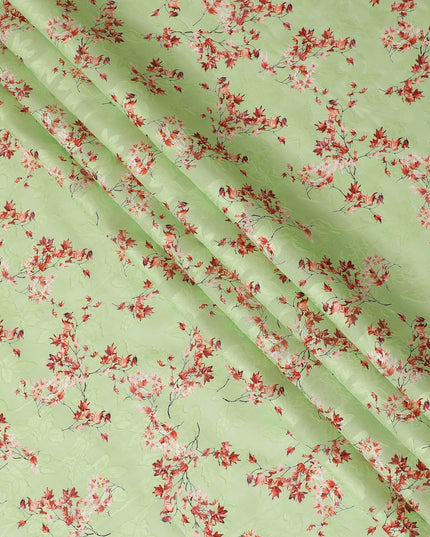 Lime green uragiri cotton voile fabric with same tone jacquard having barn red and black print in floral design-D14325 Regal Fabrics
