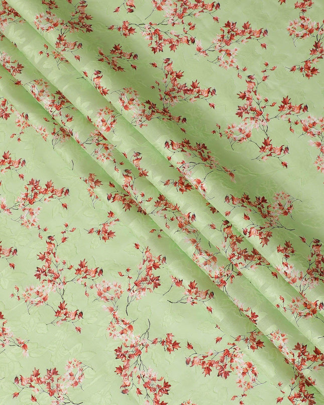 Lime green uragiri cotton voile fabric with same tone jacquard having barn red and black print in floral design-D14325