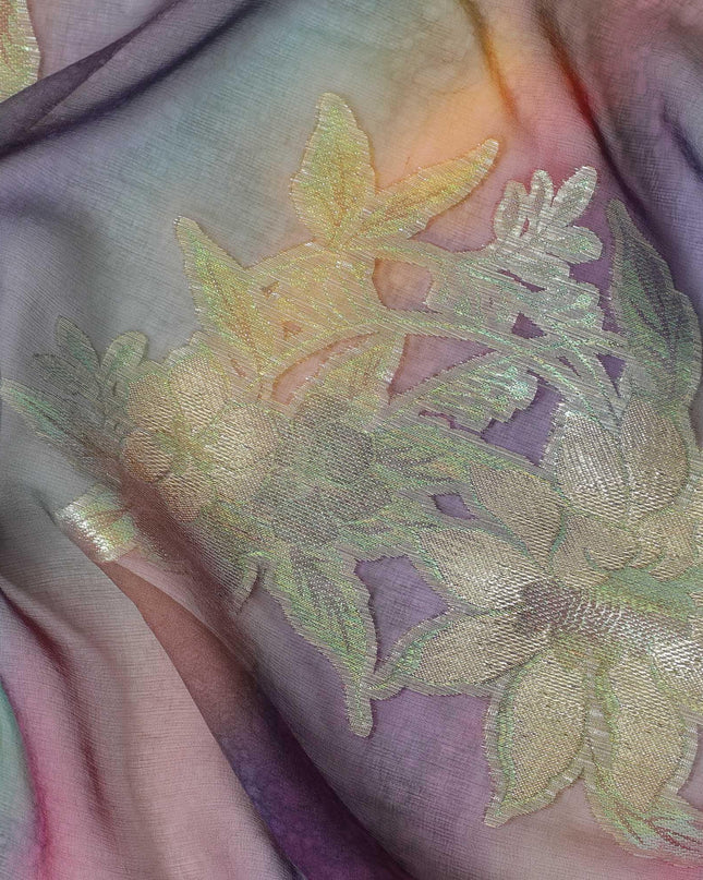 قماش شيفون حريري خالص مطبوع متعدد الألوان مع لوركس معدني ذهبي وفضي بتصميم زهور-D12422