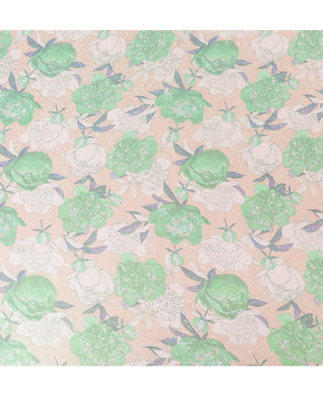 قماش من الشيفون الحريري الخالص الخوخي مع طباعة متعددة الألوان مع لوريكس معدني أخضر نيون بتصميم الأزهار-D14651