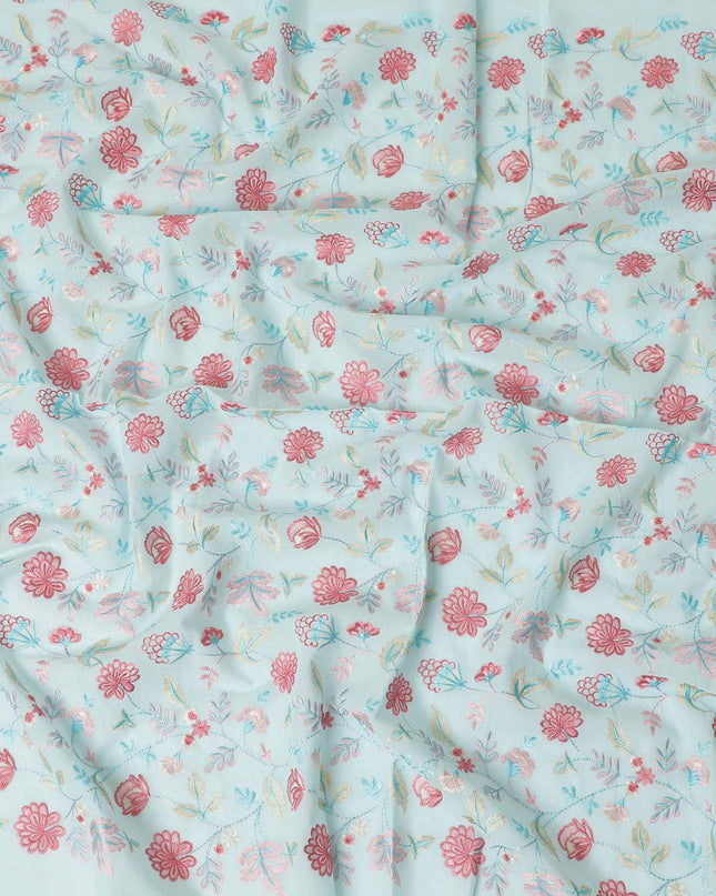 Baby blue premium pure cotton voile fabric with same tone, baby pink and beige embroidery in floral design-D13641