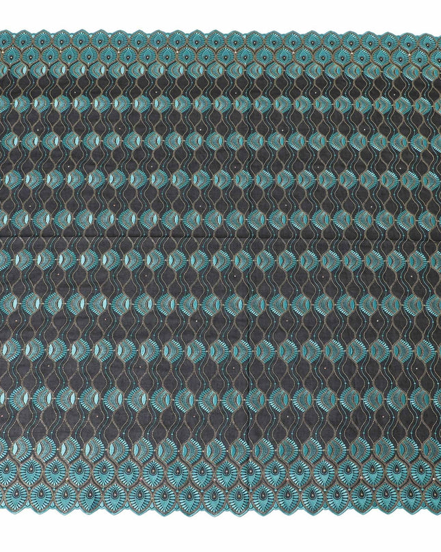 Black Premium pure 100% Swiss cotton voile (Sudanese Thobe) fabric with vista blue, gold embroidery having stone work in floral design-D13567