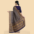 Navy blue imitation silk saree with gold jacquard in floral design-D12781