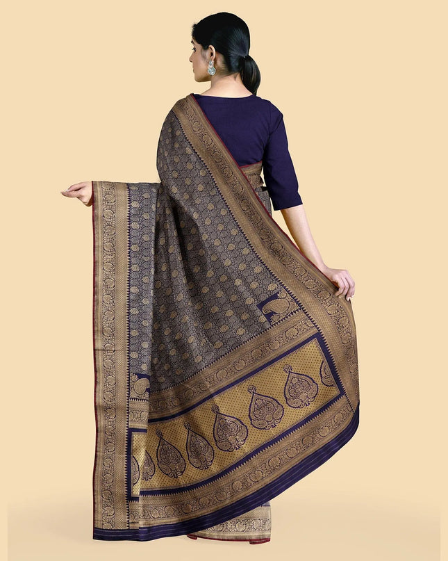 Navy blue imitation silk saree with gold jacquard in floral design-D12781 Regal Fabrics