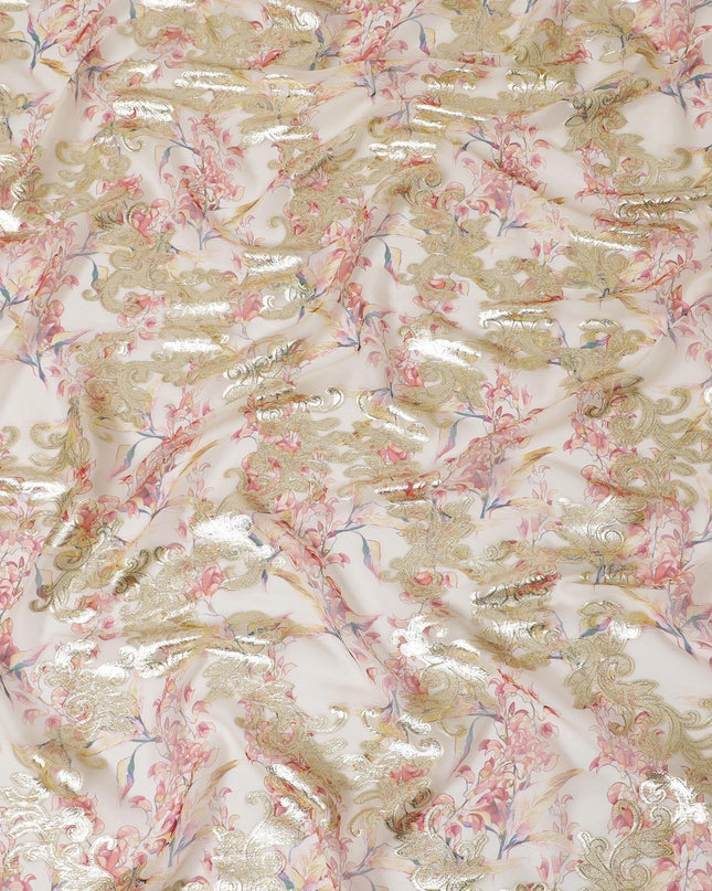 Beige Premium pure silk chiffon fabric with multicolor print and gold metallic lurex in floral design-D14295