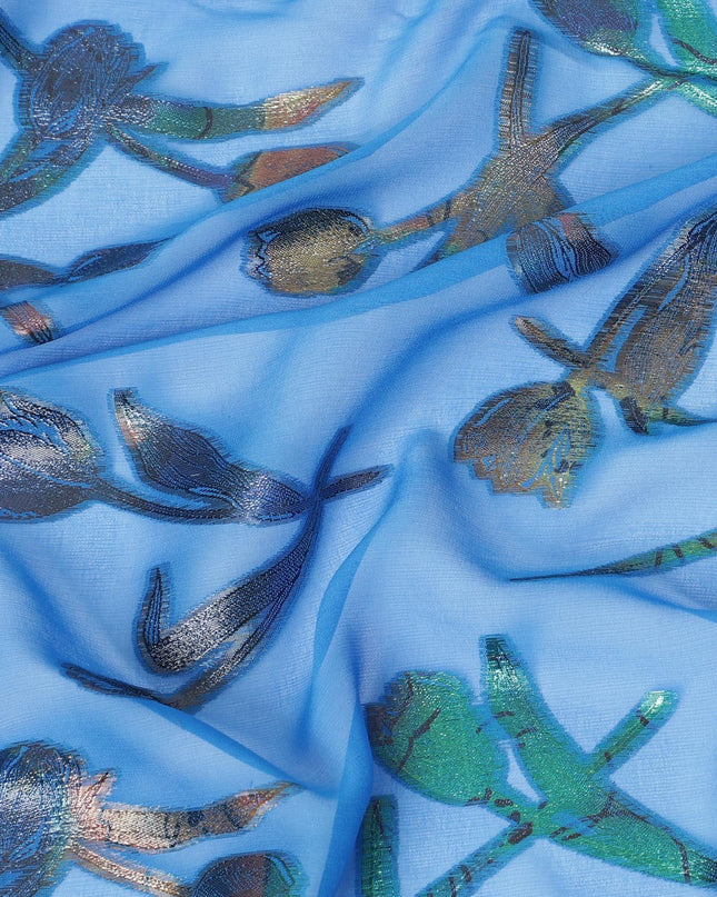 قماش شيفون حريري نقي فاخر باللون الأزرق الملكي مع لوركس معدني متعدد الألوان بتصميم زهور -D9664