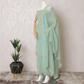 Mint green silk crepe kameez with gold embroidery, sequins and bead work in floral design. Mint green plain salwar with same tone flat chiffon dupatta having gold embroidery and mirror work-D15528