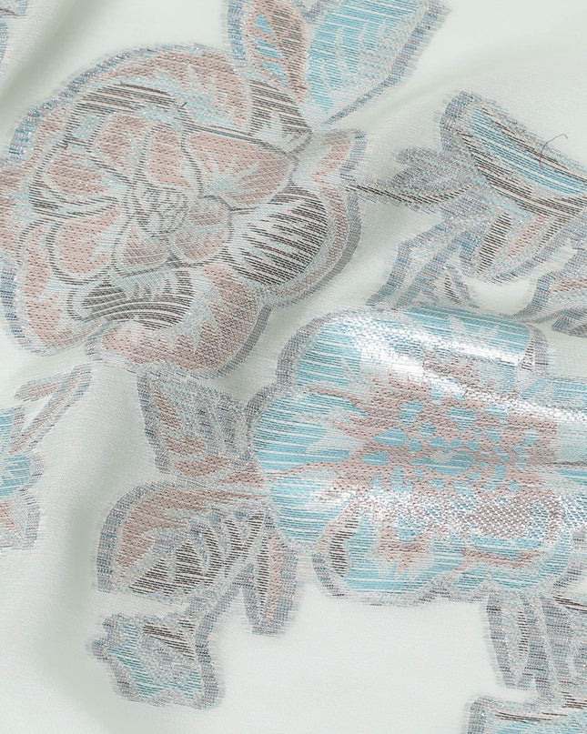 قماش شيفون من الحرير الخالص الفاخر باللون الأخضر مع لوريكس معدني فضي وأزرق فاتح ونحاسي بتصميم زهور-D11500