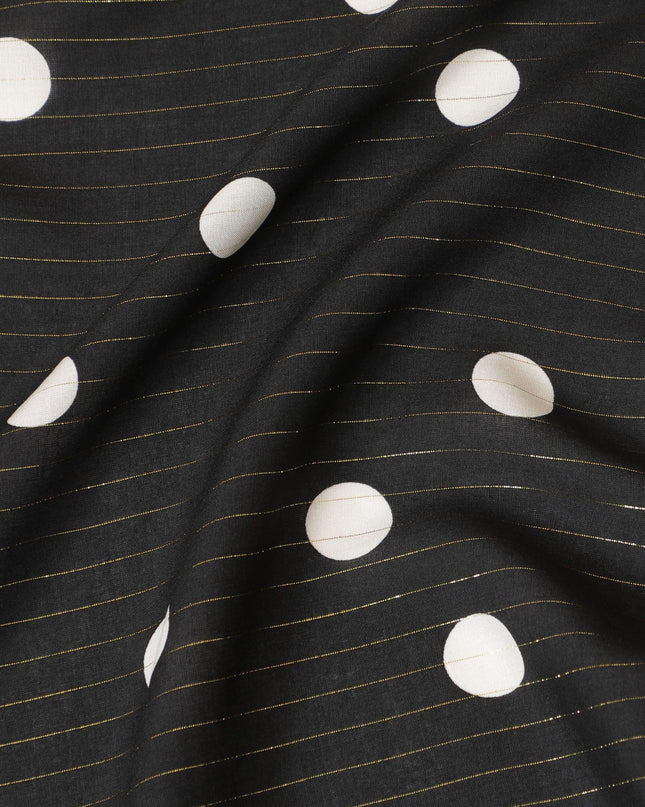Black Italian viscose crepe fabric with off white print having gold metallic lurex stripe in Polka dot design-D7807