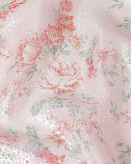قماش شيفون من الحرير الخالص الفاخر باللون الخوخي الفاتح مع طباعة متعددة الألوان مع لوريكس معدني أخضر نيون بتصميم زهور-D14560