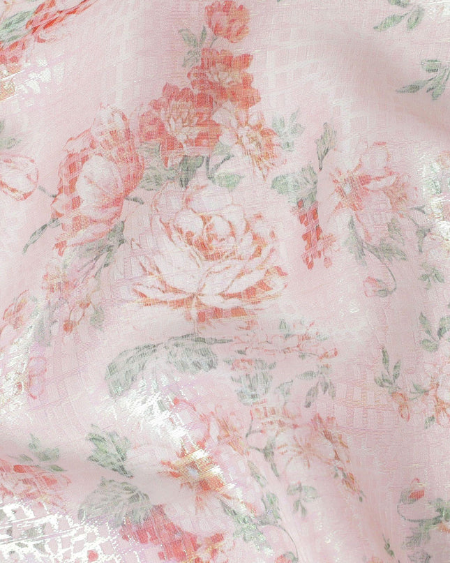 Light peach Premium pure silk chiffon fabric with multicolor print having neon green metallic lurex in floral design-D14560