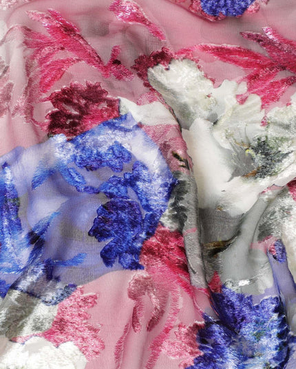 Beige, Ruby red Italian Premium silk chiffon dirac (makmal) fabric with multicolor print and velvet jacquard in floral design -D8660