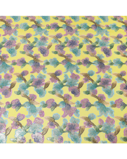 قماش شيفون من الحرير الخالص باللون الأصفر الليموني مع طباعة يدوية متعددة الألوان ولوريكس معدني بتصميم زهور-D10428