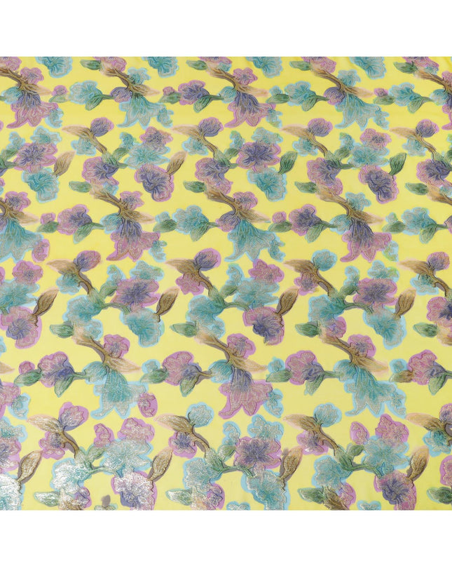 قماش شيفون من الحرير الخالص باللون الأصفر الليموني مع طباعة يدوية متعددة الألوان ولوريكس معدني بتصميم زهور-D10428