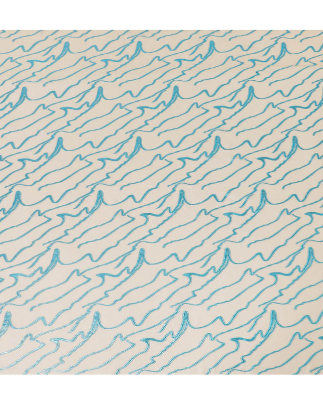 قماش شيفون من الحرير الخالص باللون البيج الرملي مع لوريكس معدني أزرق سماوي بتصميم تجريدي-D11515