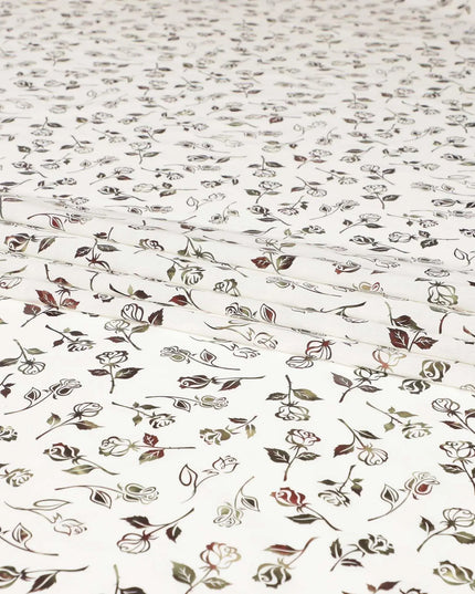 White cotton voile fabric with black and olive green metallic foil print in floral design-D6747 Regal Fabrics