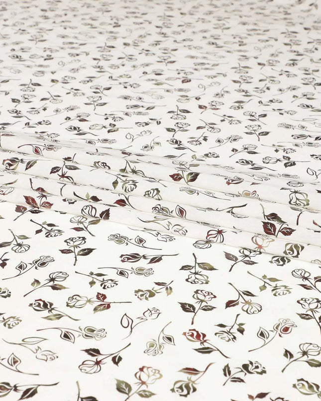 White cotton voile fabric with black and olive green metallic foil print in floral design-D6747 Regal Fabrics