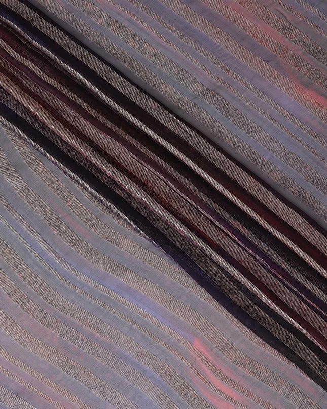 قماش شيفون حريري فاخر مطبوع يدويًا متعدد الألوان مع لوركس معدني ذهبي بتصميم مخطط-D12396