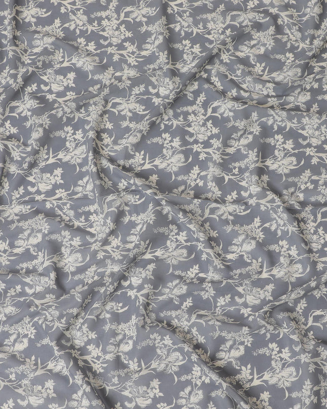 Iron grey cotton voile fabric with beige and off white print in floral design-D14838