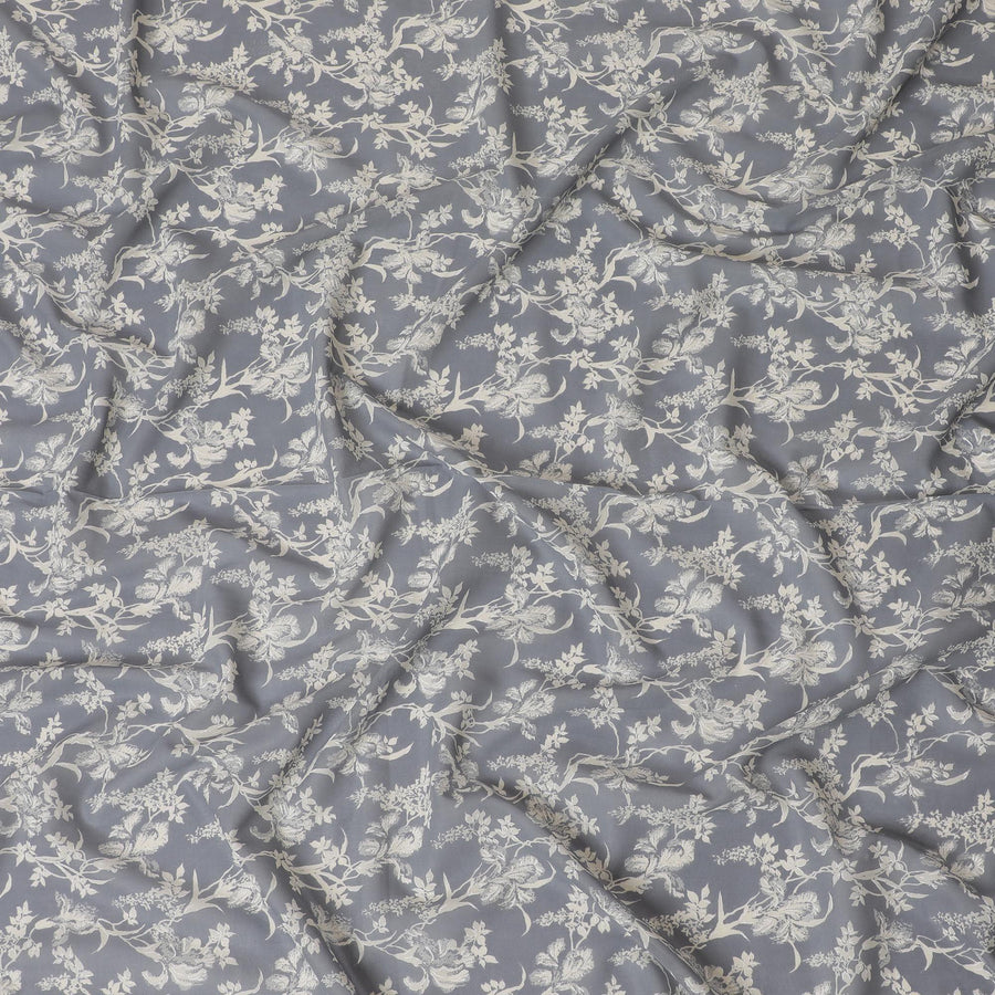 Iron grey cotton voile fabric with beige and off white print in floral design-D14838