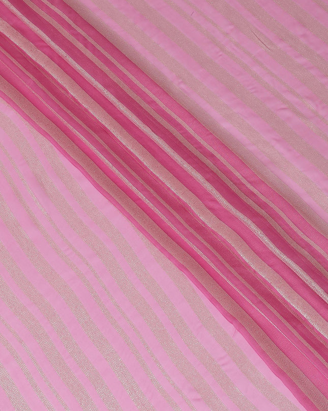 Hot pink Premium pure silk chiffon fabric with gold metallic lurex in stripe design-D12404