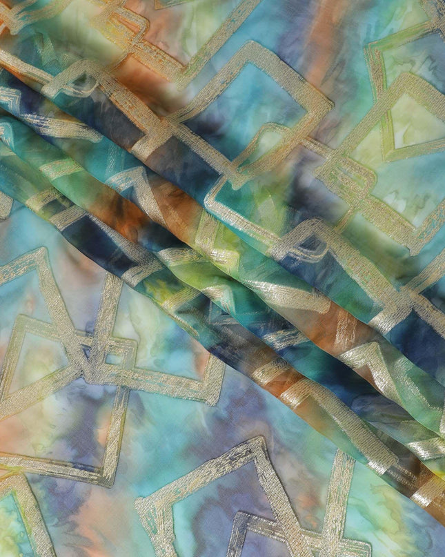 شيفون من الحرير الخالص متعدد الألوان مع لوريكس معدني ذهبي بتصميم تجريدي -D11372