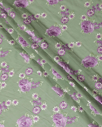 Sage green Premium pure cotton voile fabric with same tone, purple and beige embroidery in floral design-D15239