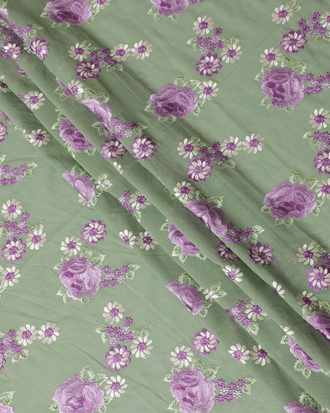 قماش الفوال القطني الخالص الفاخر باللون الأخضر الداكن بنفس اللون والتطريز الأرجواني والبيج بتصميم الأزهار-D15239