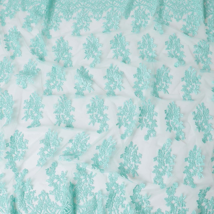 Tiffany blue nylon tulle fabric with same tone embroidery in floral design-D6684