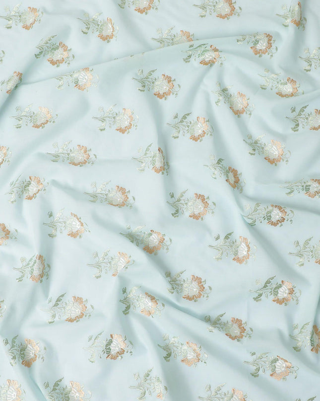 Light Turquiose blue cotton voile fabric with gold and green embroidery in floral design-11247