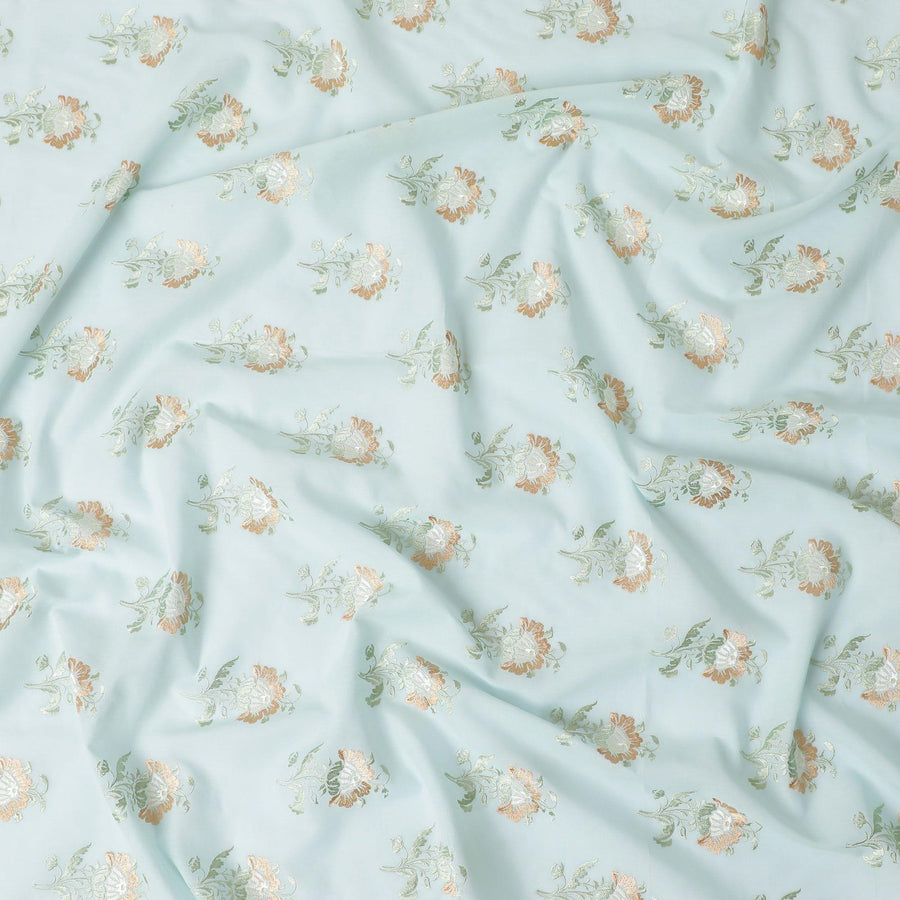 Light Turquiose blue cotton voile fabric with gold and green embroidery in floral design-11247