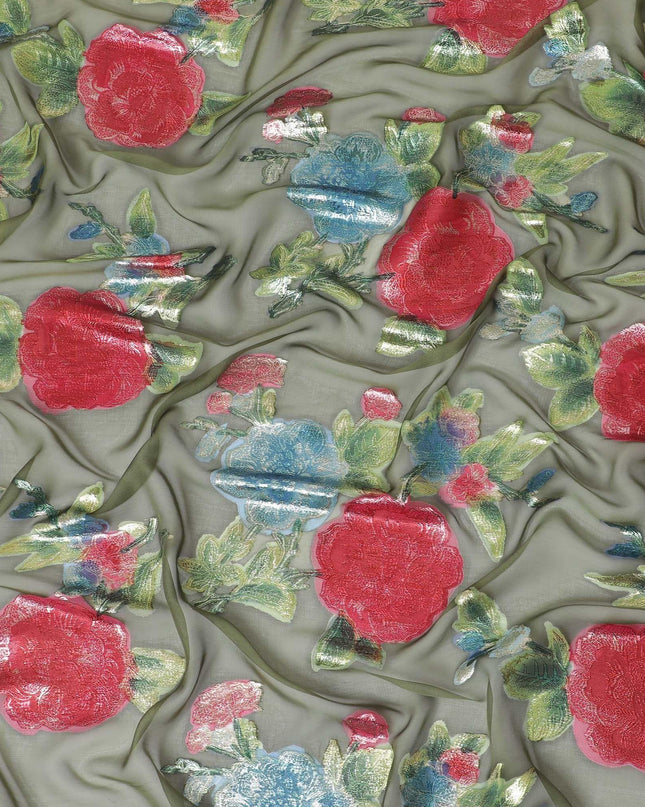قماش شيفون حريري نقي فاخر باللون الأخضر الزيتوني مع لوركس معدني متعدد الألوان بتصميم زهور-D10781
