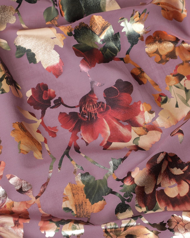 Light plum cotton voile fabric with multicolor metallic foil print in floral design-D9779
