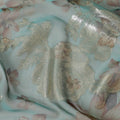 Aqua green premium pure silk chiffon fabric with pale brown and olive green print having gold metallic lurex in floral design-D10785