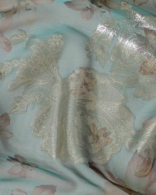 قماش شيفون من الحرير الخالص الفاخر باللون الأخضر المائي مع طباعة باللون البني الفاتح والأخضر الزيتوني مع لوريكس معدني ذهبي بتصميم الأزهار-D10785