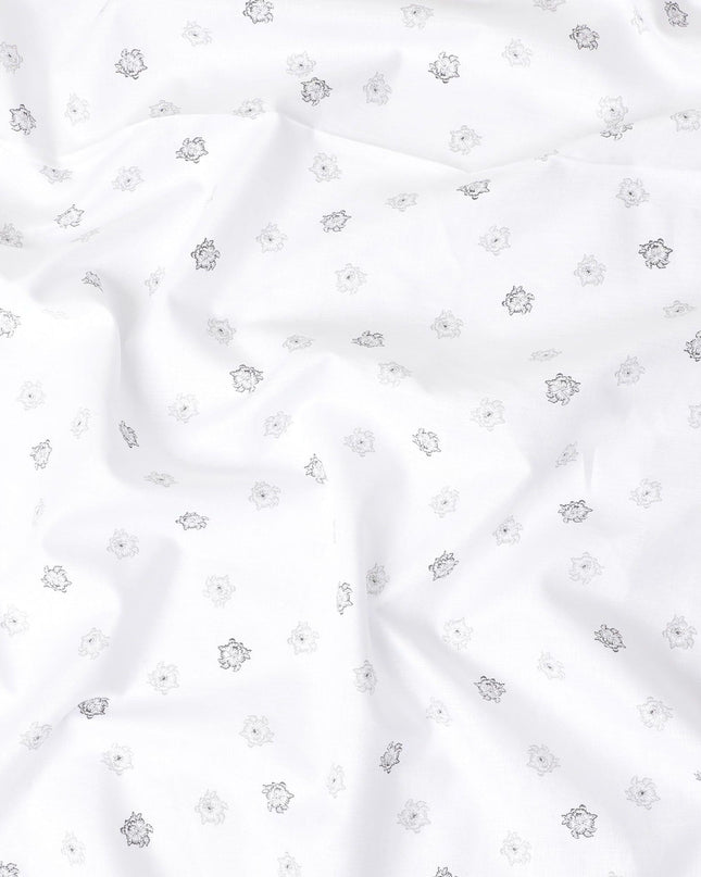 قماش الكتان الخالص الأبيض الفاخر بنسبة 100% مع طباعة باللونين الأسود والرمادي بتصميم الأزهار-D11096