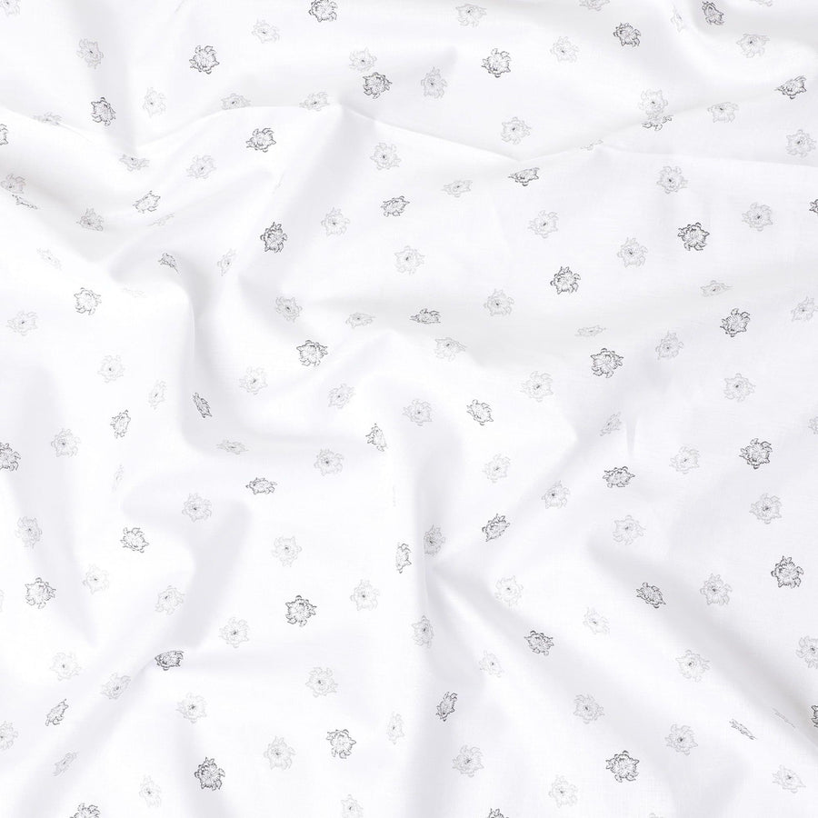 قماش الكتان الخالص الأبيض الفاخر بنسبة 100% مع طباعة باللونين الأسود والرمادي بتصميم الأزهار-D11096